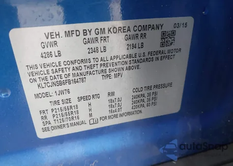 2015 Chevrolet Trax Ltz z USA, uszkodzony, nr VIN KL7CJNSB6FB164787